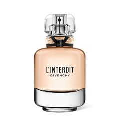 L’Interdit 80ml eau de parfum bottle in clear glass with soft pink tone and elegant black ribbon detail