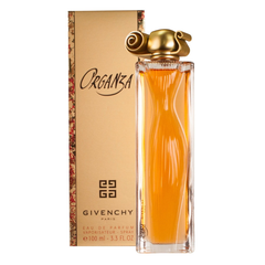 Organza 100ml eau de parfum bottle in elegant curved glass with gold accents and soft amber tone