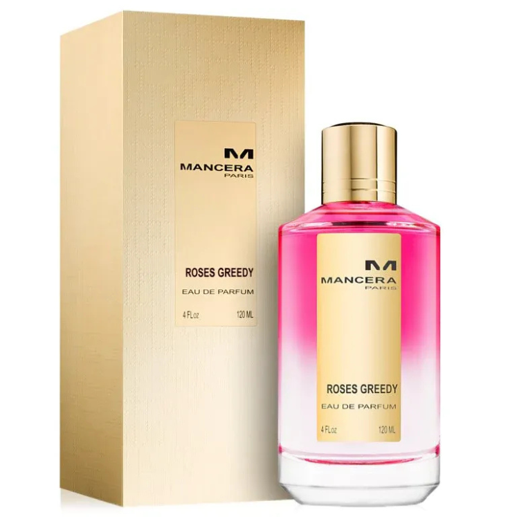 Mancera Roses Greedy Eau de Parfum, Roses Greedy perfume bottle, fruity rose fragrance, Mancera Paris niche perfume, sweet floral gourmand scent, unisex luxury perfume, long lasting EDP 120 ml