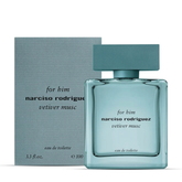 Narciso Rodriguez For Him Vetiver Musc 100 ml Eau de Toilette in a transparent aqua-green rectangular glass bottle with a matte cap and woody, musky fragrance inside.