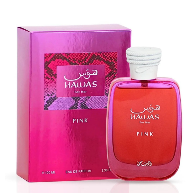 Rasasi Hawas For Her Pink Eau De Parfum 100ML at Luca Perfumes Qatar – fresh floral and fruity women’s fragrance available in Qatar with fast delivery.