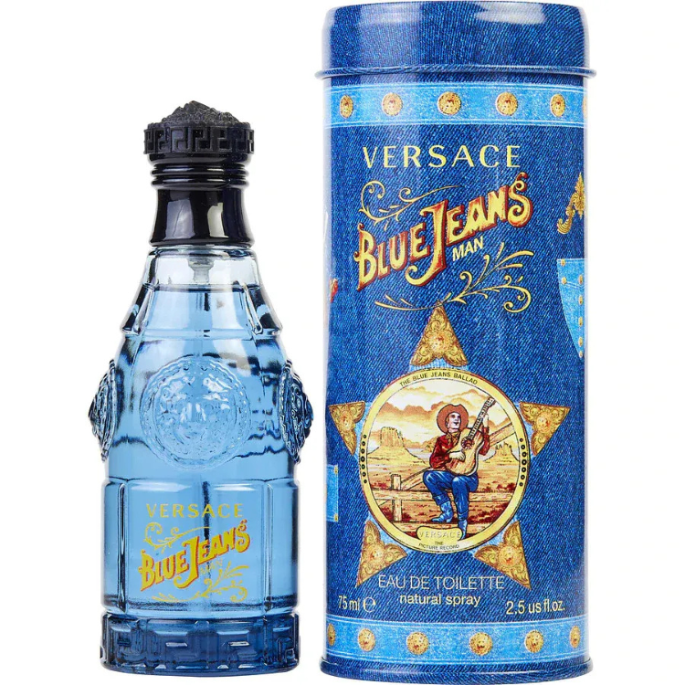 “Versace Blue Jeans Man 75ml EDT perfume with fresh woody citrus scent, original fragrance in Qatar”