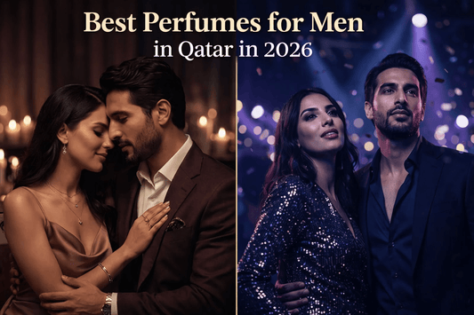 Romantic and nightlife scenes of a stylish couple with the title ‘Best Perfumes for Men in Qatar in 2026’ highlighting luxury fragrance mood