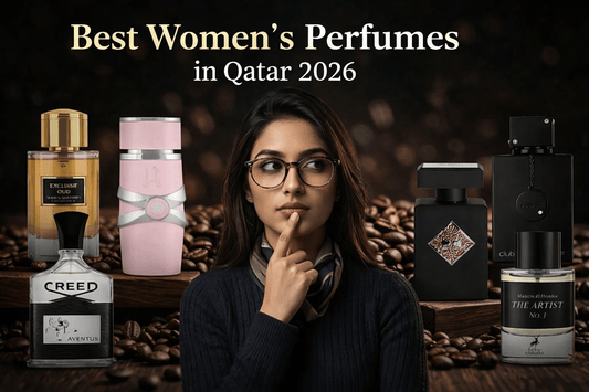 Best women’s perfumes in Qatar 2026 featuring luxury fragrance bottles and a woman selecting scents on a premium coffee bean background