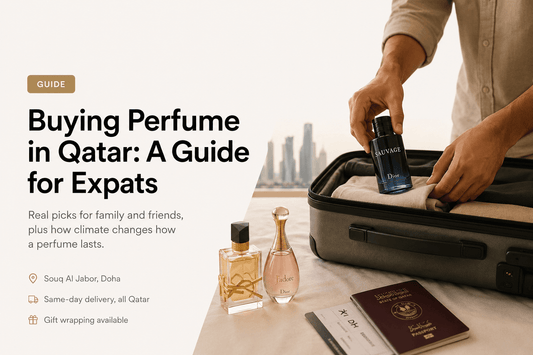 Buying perfume in Qatar for expats, with perfume bottles, suitcase, Qatar passport and Doha skyline