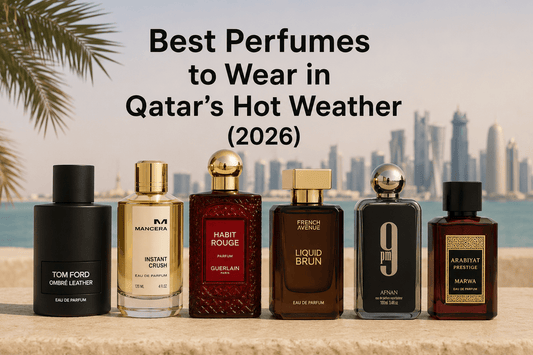 Best perfumes for Qatar summer 2026 with Doha skyline featuring long-lasting men's fragrances for hot weather.