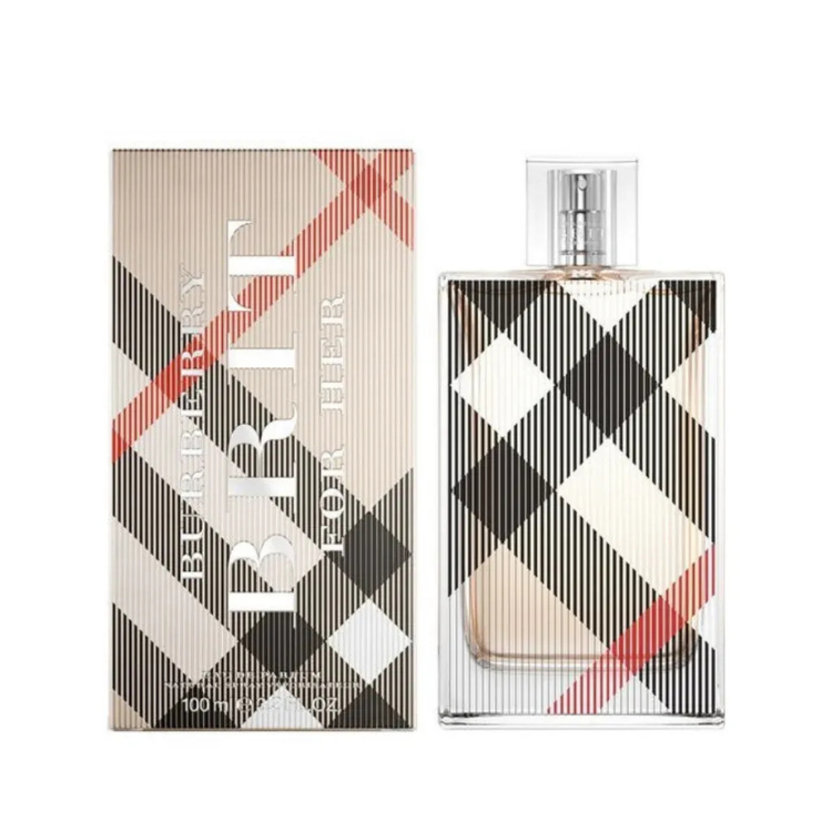 Burberry Brit for Her 100ml eau de toilette bottle with classic Burberry check pattern design
