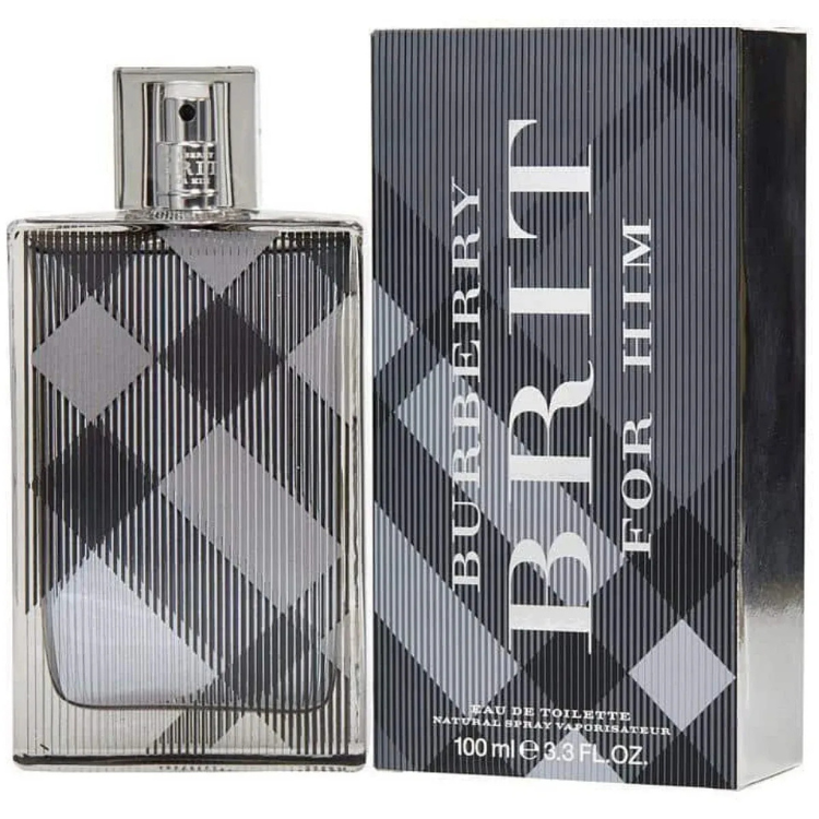 Burberry Brit for Him 100ml eau de toilette bottle with signature check design and silver cap
