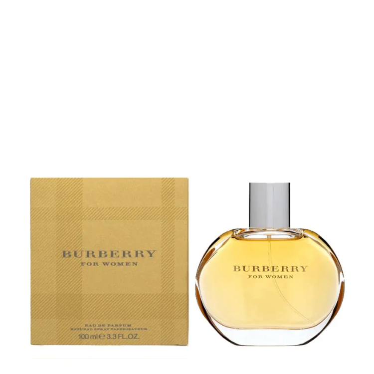 Burberry for Women 100ml eau de parfum bottle in classic round glass design with soft gold cap
