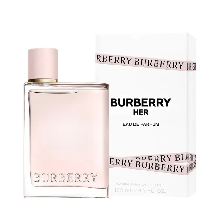 Burberry Her 100ml eau de parfum bottle in soft pink glass with spray top

