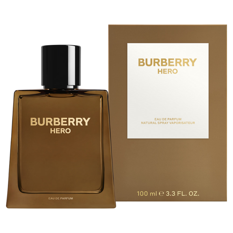 Burberry Hero 100ml eau de parfum bottle with clean glass design and bold logo on the front
