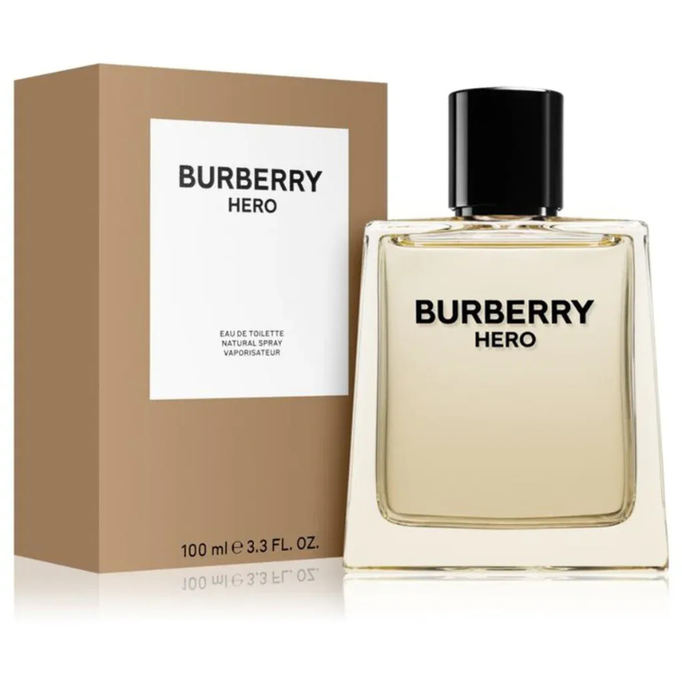Burberry Hero 100ml eau de toilette bottle with angular glass design and light amber tone
