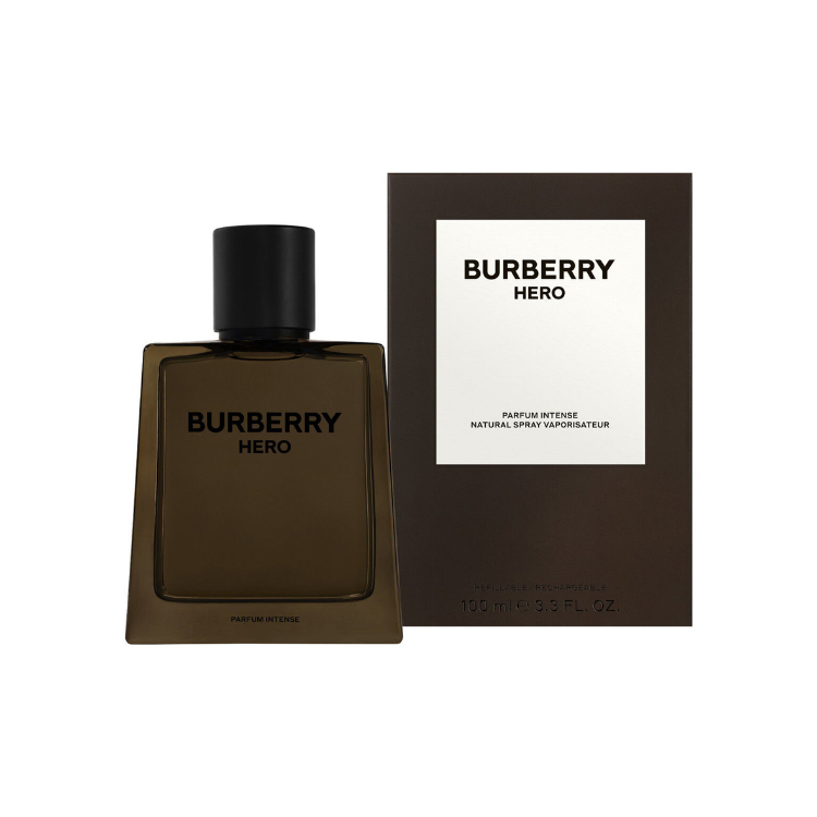 Burberry Hero Parfum Intense 100ml bottle in dark brown glass with bold logo and strong masculine design
