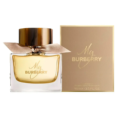 My Burberry 90ml eau de parfum bottle with classic beige ribbon and clear glass design
