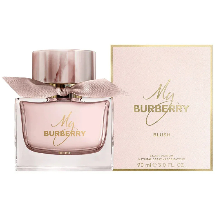 My Burberry Blush 90ml eau de parfum bottle in soft pink glass with ribbon detail around the neck
