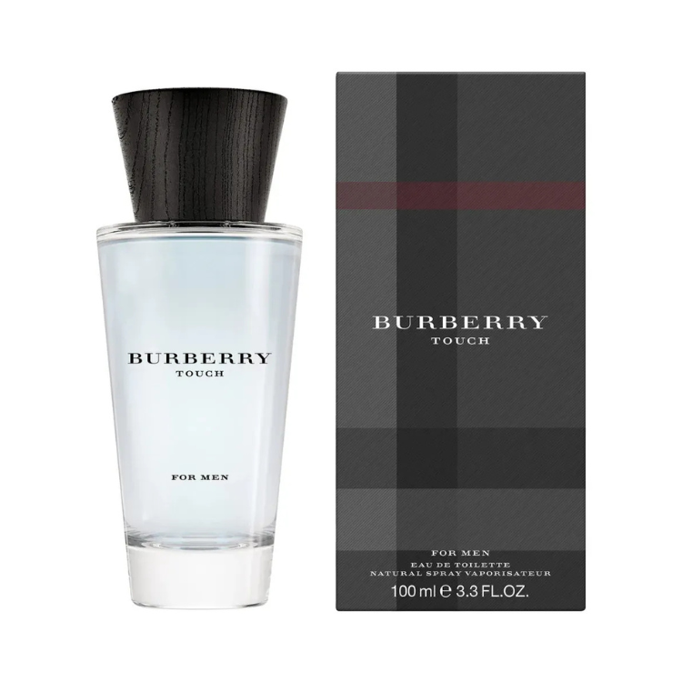 Burberry Touch for Men 100ml eau de toilette bottle with simple square glass design and black cap

