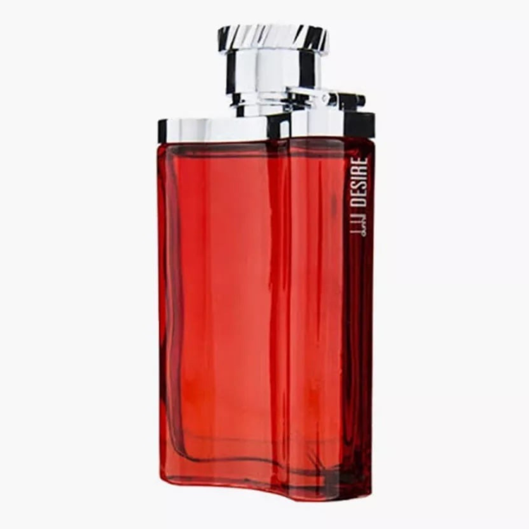Dunhill London Desire 100 ml Eau de Toilette in a clear rectangular glass bottle with a silver cap and warm-toned fragrance inside.
