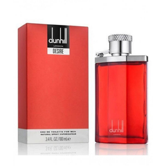 Dunhill London Desire 100 ml Eau de Toilette in a clear rectangular glass bottle with a silver cap and warm-toned fragrance inside.
