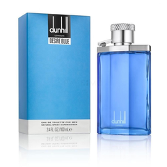 Dunhill London Desire Blue 100 ml Eau de Toilette in a clear rectangular glass bottle with a silver cap and cool blue-toned fragrance inside.
