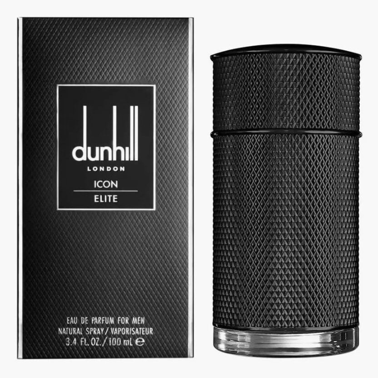 Dunhill London Icon Elite 100 ml Eau de Parfum in a clear rectangular glass bottle with a silver cap and rich amber-toned fragrance inside.
