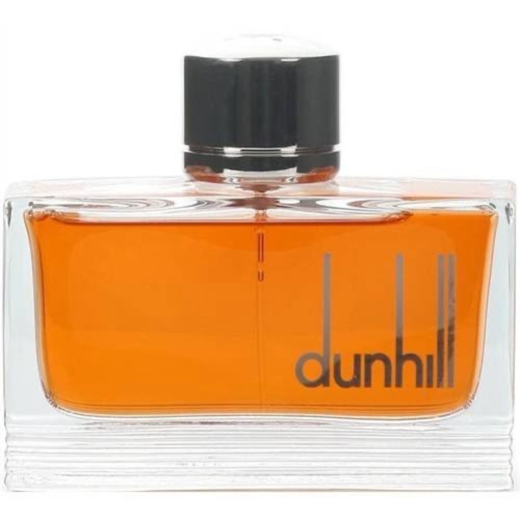 Dunhill Pursuit 75 ML EDT men’s fragrance in a clear rectangular glass bottle with a sleek silver cap and light amber liquid inside.
