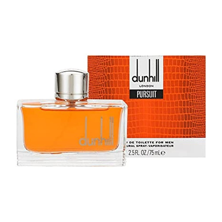 Dunhill Pursuit 75 ML EDT men’s fragrance in a clear rectangular glass bottle with a sleek silver cap and light amber liquid inside.
