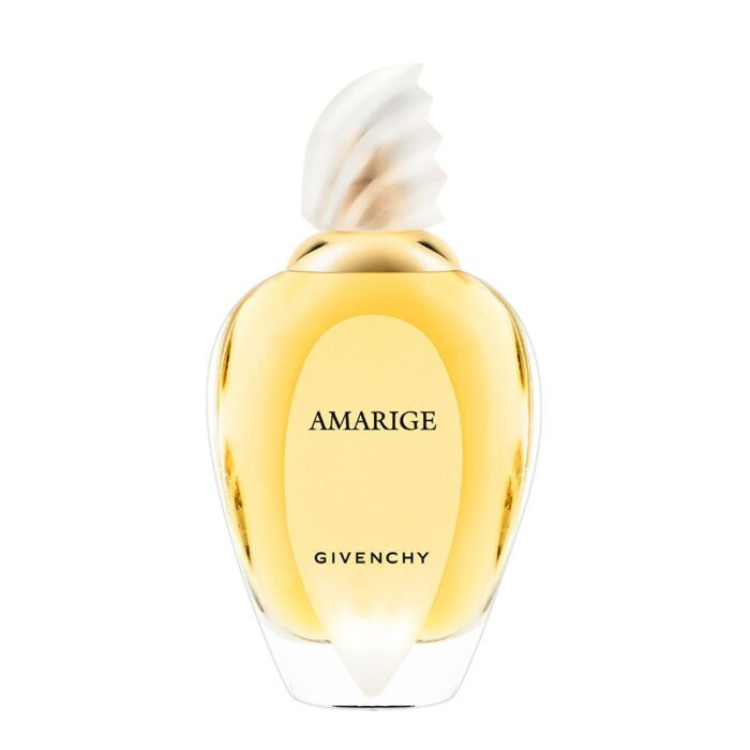 Amarige 100ml eau de toilette bottle in curved glass with golden cap and soft yellow tone
