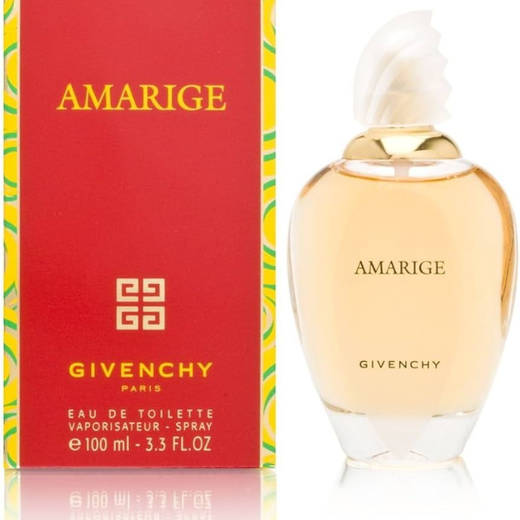 Amarige 100ml eau de toilette bottle in curved glass with golden cap and soft yellow tone
