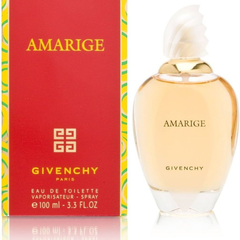 Amarige 100ml eau de toilette bottle in curved glass with golden cap and soft yellow tone
