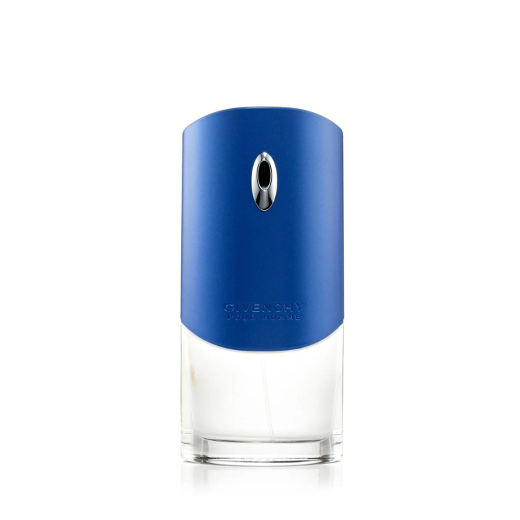 Blue Label Pour Homme 100ml eau de toilette bottle in clear glass with blue accent and silver cap
