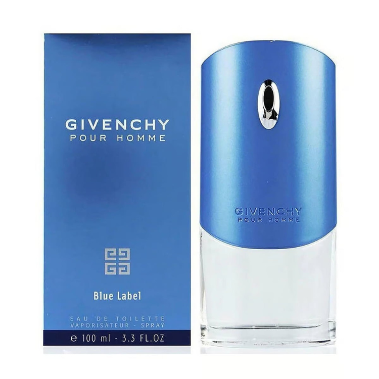 Blue Label Pour Homme 100ml eau de toilette bottle in clear glass with blue accent and silver cap
