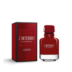 L’Interdit Rouge Ultime 80ml eau de parfum bottle in deep red glass with black ribbon detail
