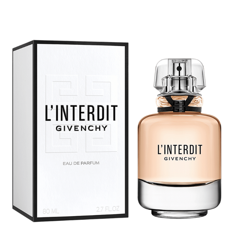 L’Interdit 80ml eau de parfum bottle in clear glass with soft pink tone and elegant black ribbon detail