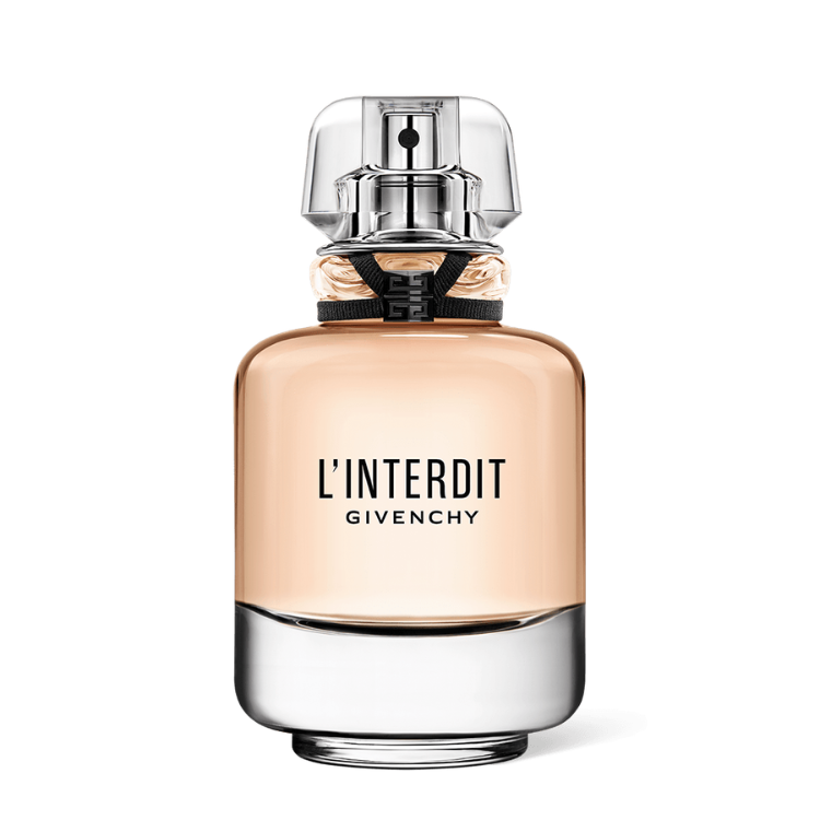 L’Interdit 80ml eau de parfum bottle in clear glass with soft pink tone and elegant black ribbon detail