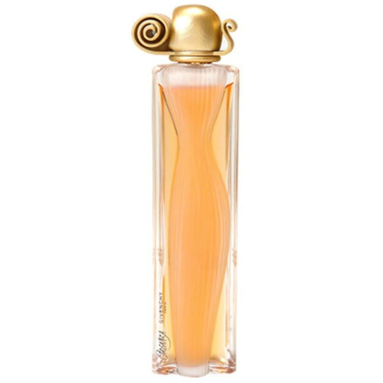 Organza 100ml eau de parfum bottle in elegant curved glass with gold accents and soft amber tone
