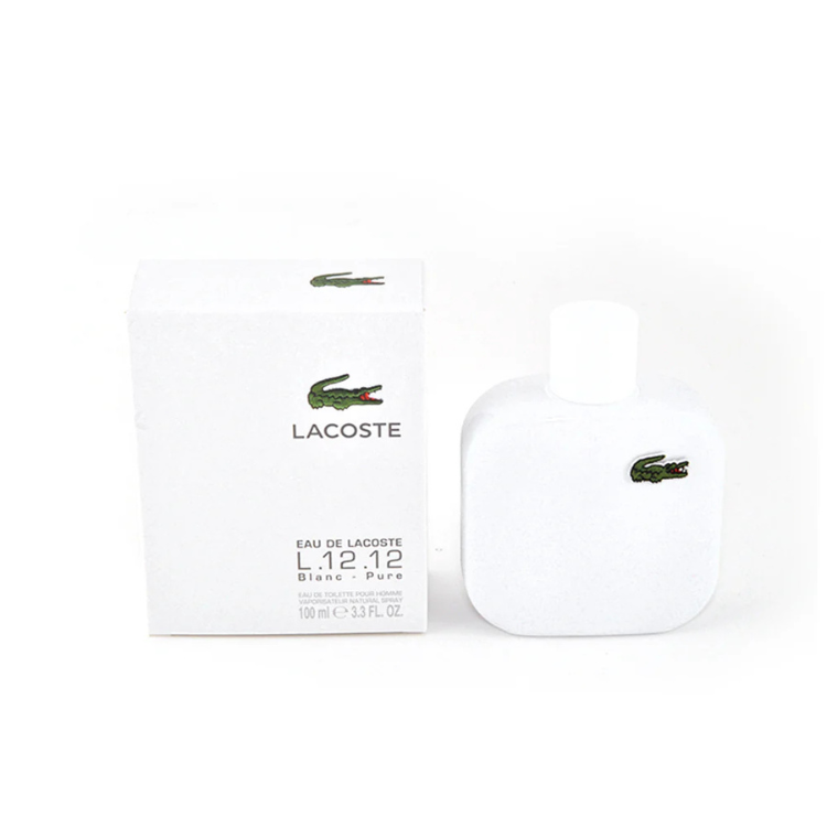 Lacoste L.12.12 Blanc 100 ml Eau de Toilette in a sleek clear bottle with a white cap and fresh-clean fragrance inside.

