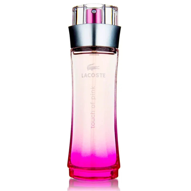 Lacoste Touch of Pink 90 ml Eau de Toilette pour Femme in a clear bottle with a pink cap and light floral-fruity fragrance inside.
