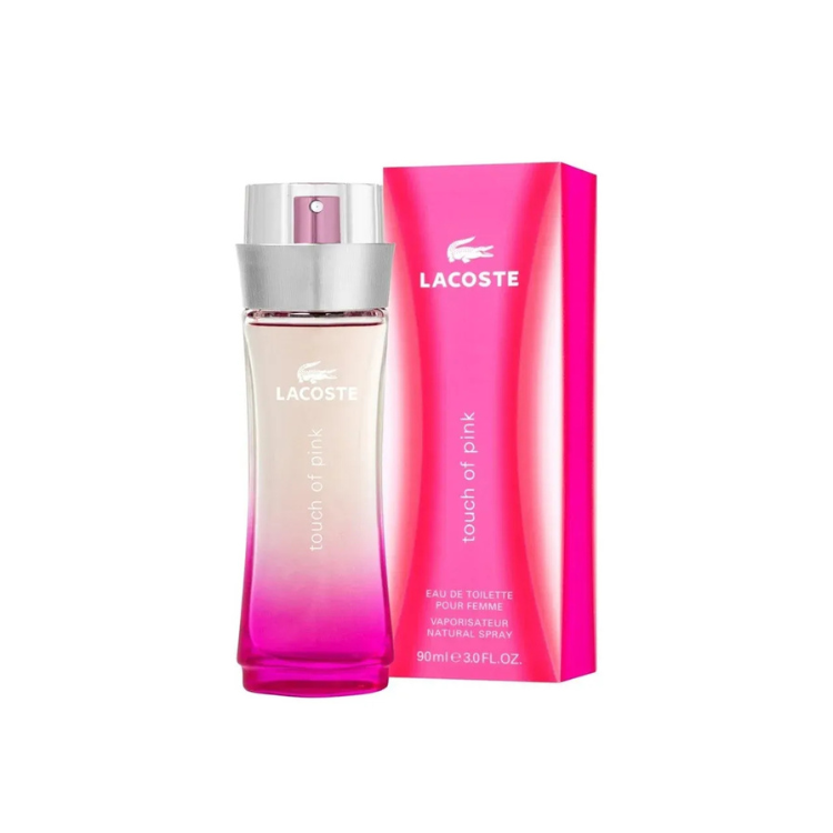 Lacoste Touch of Pink 90 ml Eau de Toilette pour Femme in a clear bottle with a pink cap and light floral-fruity fragrance inside.
