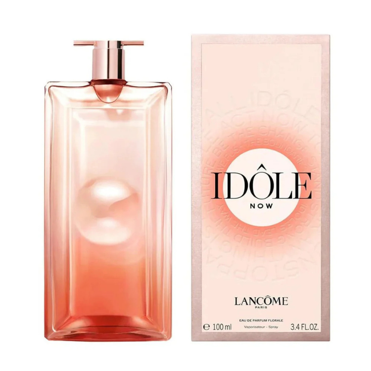 Lancôme Paris Idôle Le Grand Parfum 100 ml in a tall rectangular glass bottle with a rose-gold cap and elegant pink-hued fragrance inside.
