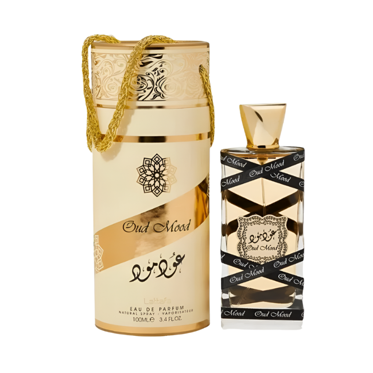 Lattafa Oud Mood 100ML EDP rich oriental oud fragrance with warm sweet notes available at Luca Perfumes Qatar with fast delivery across Doha

