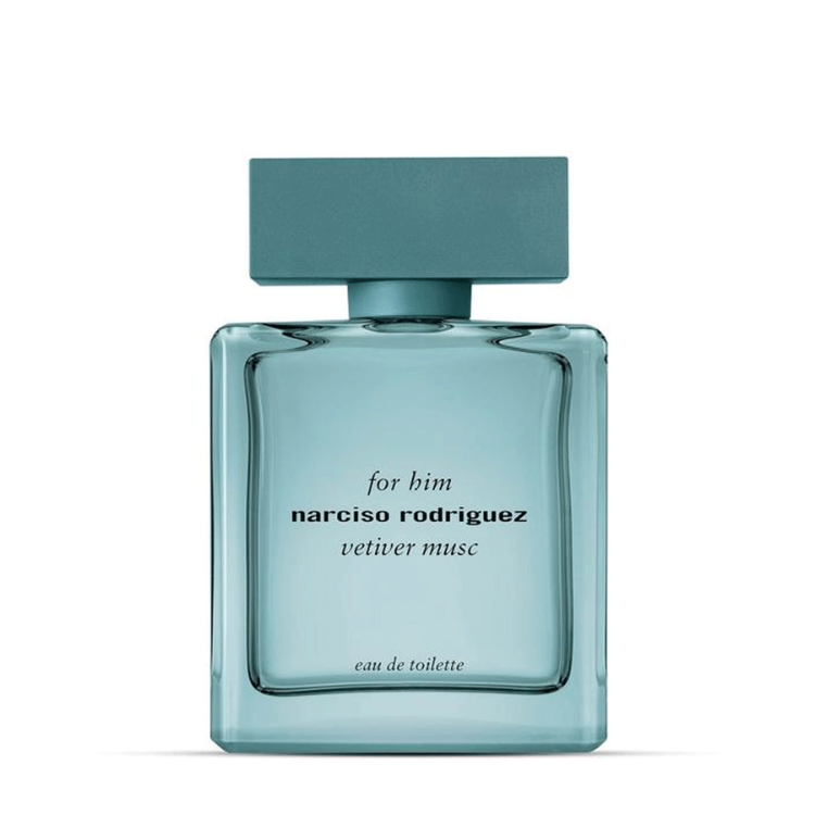 Narciso Rodriguez For Him Vetiver Musc 100 ml Eau de Toilette in a transparent aqua-green rectangular glass bottle with a matte cap and woody, musky fragrance inside