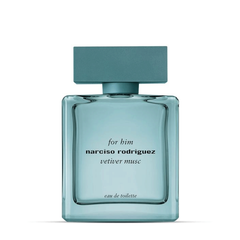 Narciso Rodriguez For Him Vetiver Musc 100 ml Eau de Toilette in a transparent aqua-green rectangular glass bottle with a matte cap and woody, musky fragrance inside