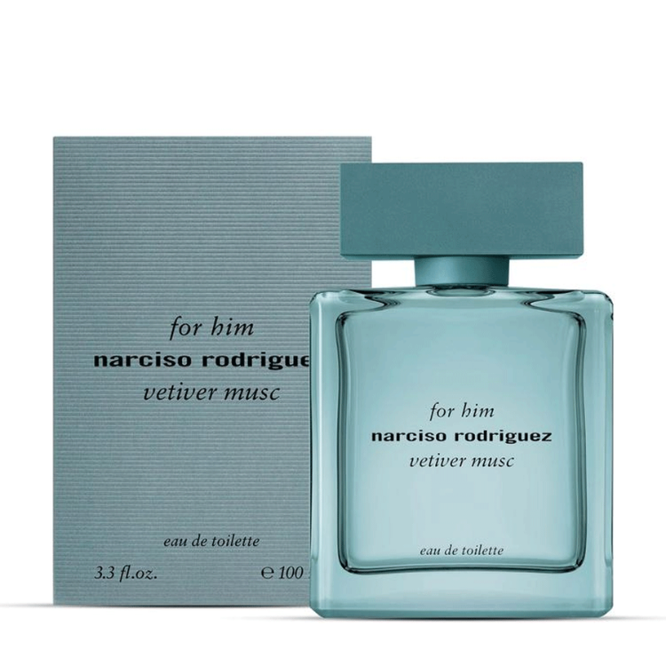 Narciso Rodriguez For Him Vetiver Musc 100 ml Eau de Toilette in a transparent aqua-green rectangular glass bottle with a matte cap and woody, musky fragrance inside.