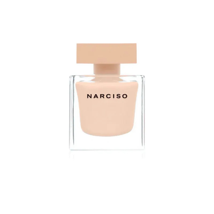 Narciso Rodriguez Narciso Poudrée 90 ml Eau de Parfum in a rounded blush-pink glass bottle with a minimalist design and soft floral-powdery fragrance inside.
