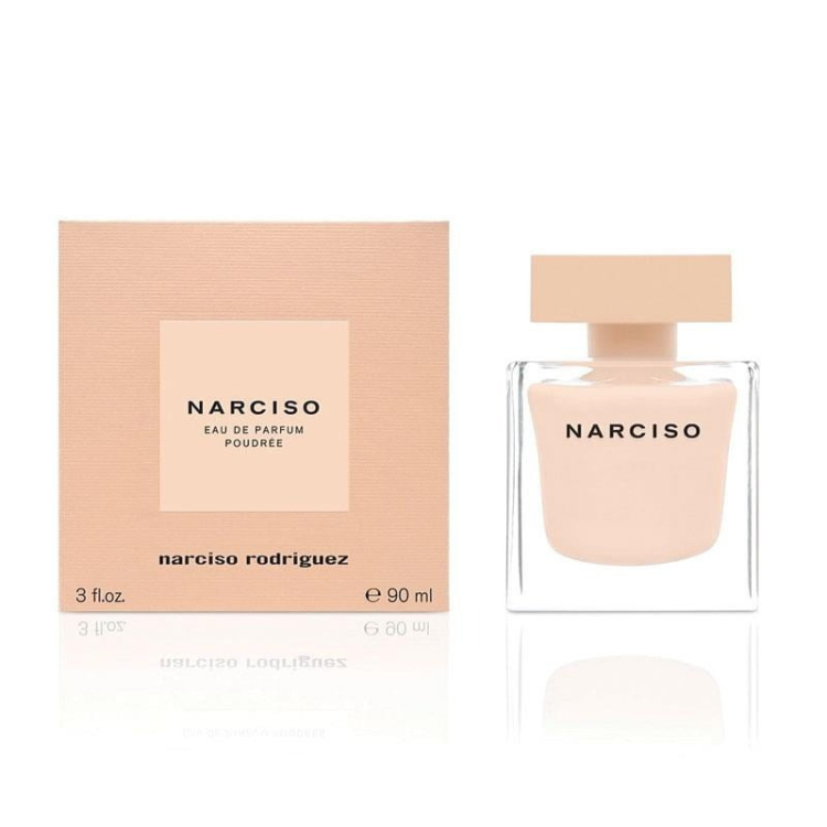 Narciso Rodriguez Narciso Poudrée 90 ml Eau de Parfum in a rounded blush-pink glass bottle with a minimalist design and soft floral-powdery fragrance inside.
