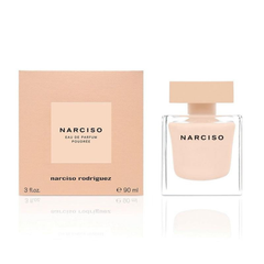 Narciso Rodriguez Narciso Poudrée 90 ml Eau de Parfum in a rounded blush-pink glass bottle with a minimalist design and soft floral-powdery fragrance inside.
