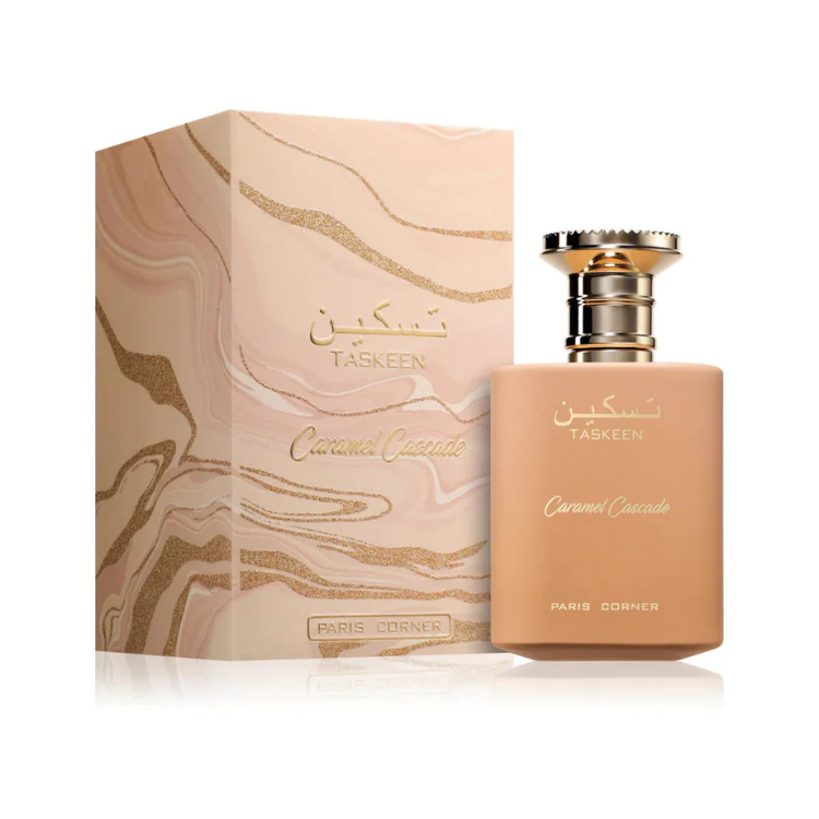 Paris Corner Taskeen Caramel Cascade 100 ML EDP at Luca Perfumes Qatar, original unisex perfume with rich caramel, vanilla, and amber notes available in Doha, Qatar with fast delivery.
