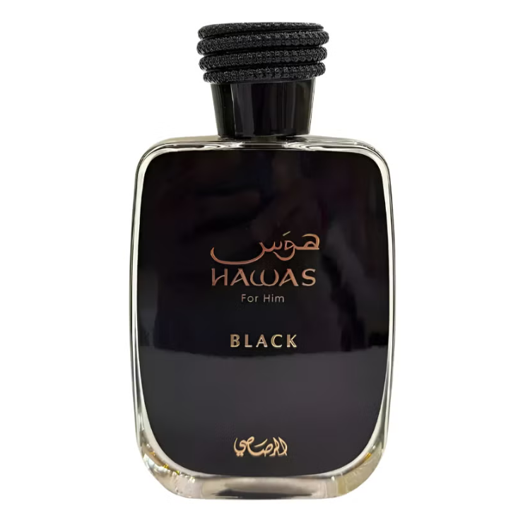 Rasasi Hawas Black Eau de Parfum 100ML EDP – bold spicy men’s fragrance available at Luca Perfumes Qatar.
