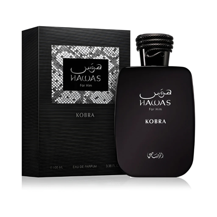 Rasasi Hawas Kobra For Him Eau de Parfum 100ML EDP – intense spicy men’s fragrance available at Luca Perfumes Qatar.
