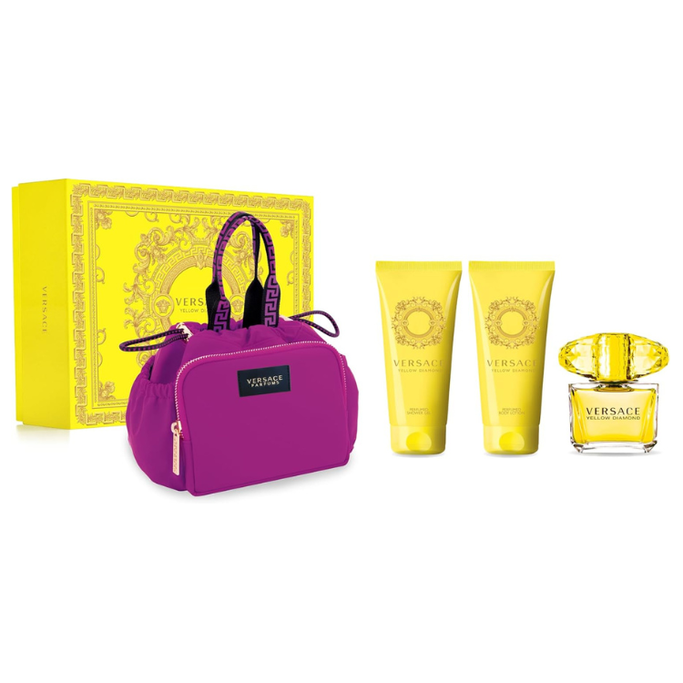 Versace Yellow Diamond Gift Set 90 ML EDT at Luca Perfumes Qatar, original women’s floral fragrance gift set with fresh lemon, bergamot, pear, freesia and musk notes available in Doha, Qatar with fast delivery.
